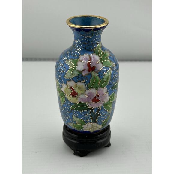 Vintage Mini Chinese Enameled Cloisonne Vase w/ Stand 3 inch Blue PinkFloral - Picture 4 of 8